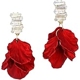 Red Flower Earrings for Women Rhinestone Flower Petal Drop Dangle Earrings Trendy Statement Jewelry