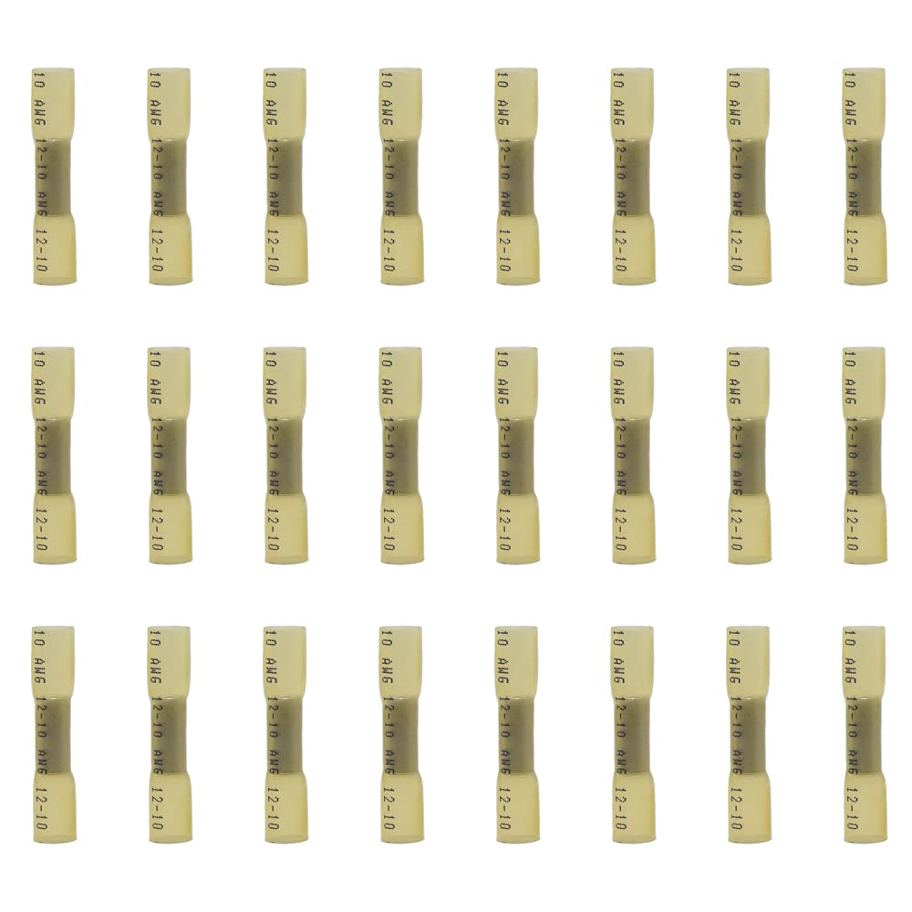 Ruidee 50 Pcs Heat Shrink Butt Connectors Terminals，Insulated Waterproof Wire Connector ，Marine Automotive Electrical Crimp Butt Splice Terminal 12-10 AWG Yellow/URTY