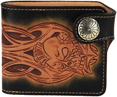 LengRen Senior Handmade Short Folding Wallet Carved with Skeleton Pattern Genuine Italian Full Grain Leather with Vegetable Tanning Technology Personal Design of Snap-fastener, Coffee