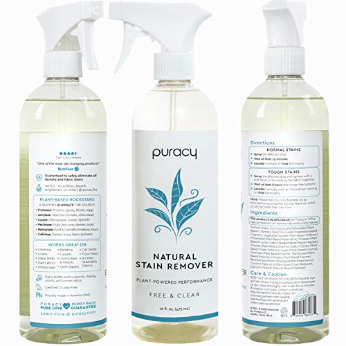 PURACY STAIN REMOVER SPRAY –THE TIKTOK LAUNDRY PRETREATER SPRAY FOR FRESH AND SET-IN CLOTHING STAINS ENZYME-BASED – NATURAL SPOT CLEANER – FREE & CLEAR 16OZ