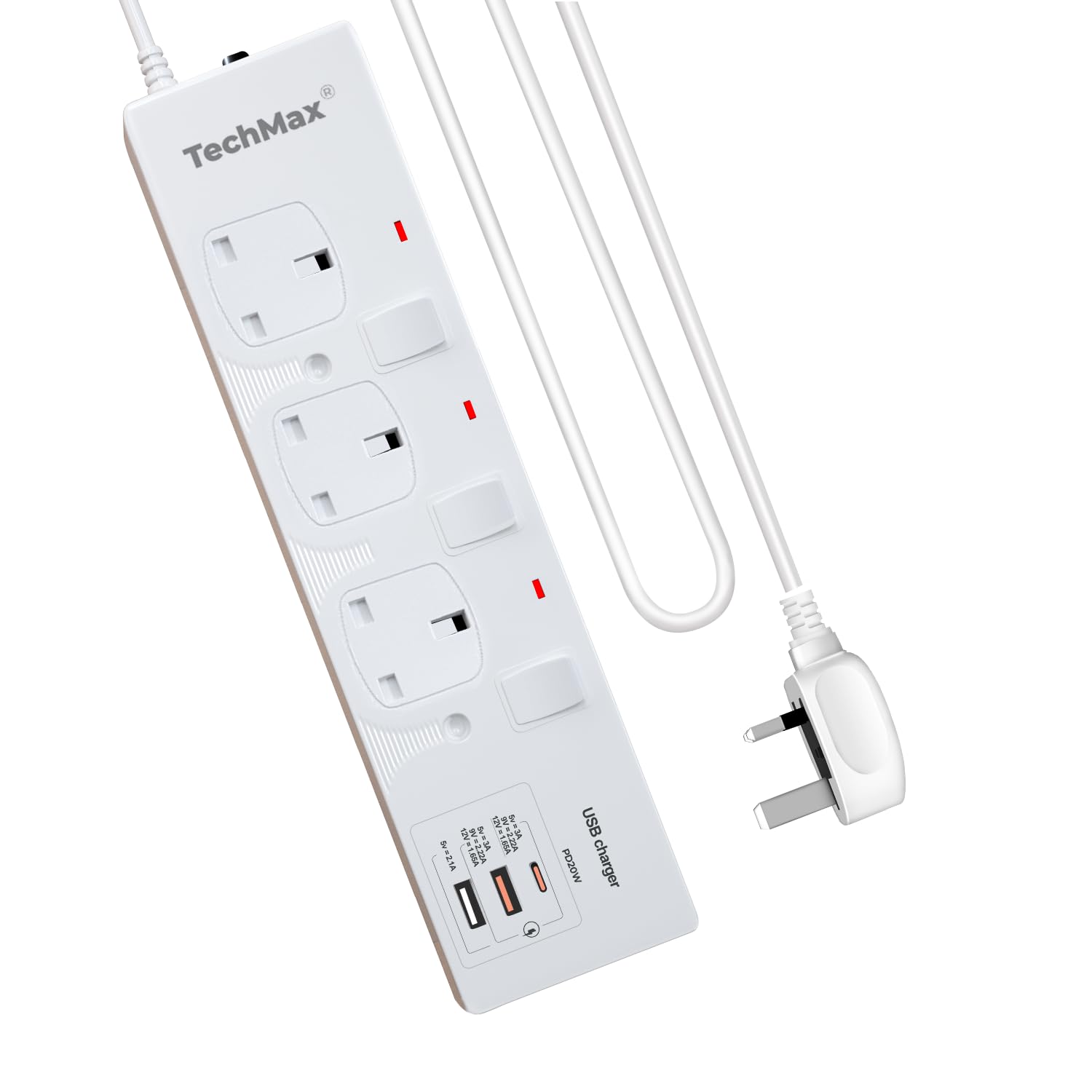 TechMax Extension Lead With USB Slots - 3 Way Extension Lead 2m With 2 USB Port And 1 Type C Port