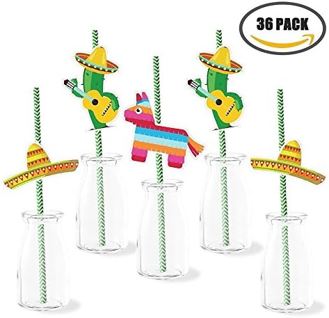 Fiesta Paper Straws Decor Mexican Fiesta Party Striped Decorative Paper Straws For Graduation Hawaiian Wedding Bachelorette Birthday Party Supplies Decorations 36 Pack Cactus Donkey Sombrero Hat