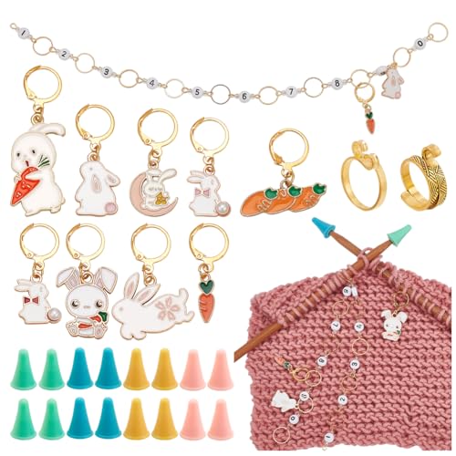 NBEADS 32 Pcs Knitting Accessories Kit, Including Rabbit Carrot Stitch Marker 0-9 Number Row Counter Chains 4 Colors Needle Stoppers Yarn Guide Finger Holder for DIY Weaving Sewing Weaving
