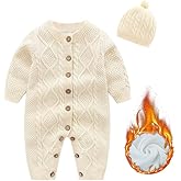 IADOER Baby Newborn Boy Knitted Sweater Romper Cotton Longsleeve Outfit with Kids Winter Warm Hats Set