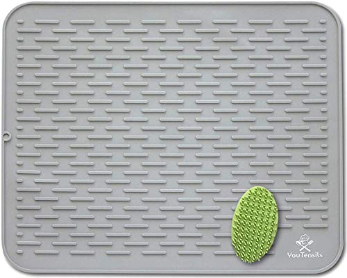 Dish Drying Mat & Scrubber 21" x 18" | Extra Large Silicone Kitchen Dish Drainer Mat & Trivet | Dishwasher Safe Draining Pad for Counter (Gray XXL)