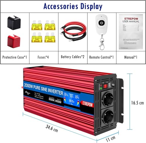 ETREPOW 2000W Inverter 24V 220V Pure Sine Wave Transformer with 2 EU Sockets and USB, Wireless Remote Control, LCD Display, Peak 4000W