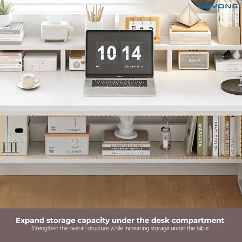 DAYONG Modern Minimalist Study Desk with Bookshelf, 100CM Computer Table with Multi-Level Storage, PC Gaming Workstation Home Office Writing Desks (White-100cm)