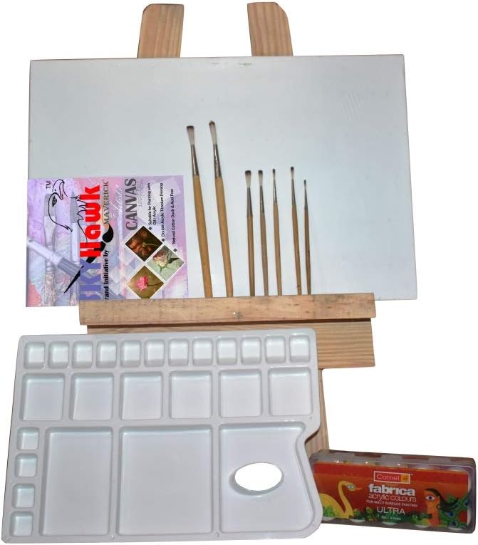 Art Set with Pine Wood Easel + Fabric Acrylic Color + Stretched Canvas + Painting Brush Sets + Colour Mixing Palette Large 25 Paint Well (2 FT, White)