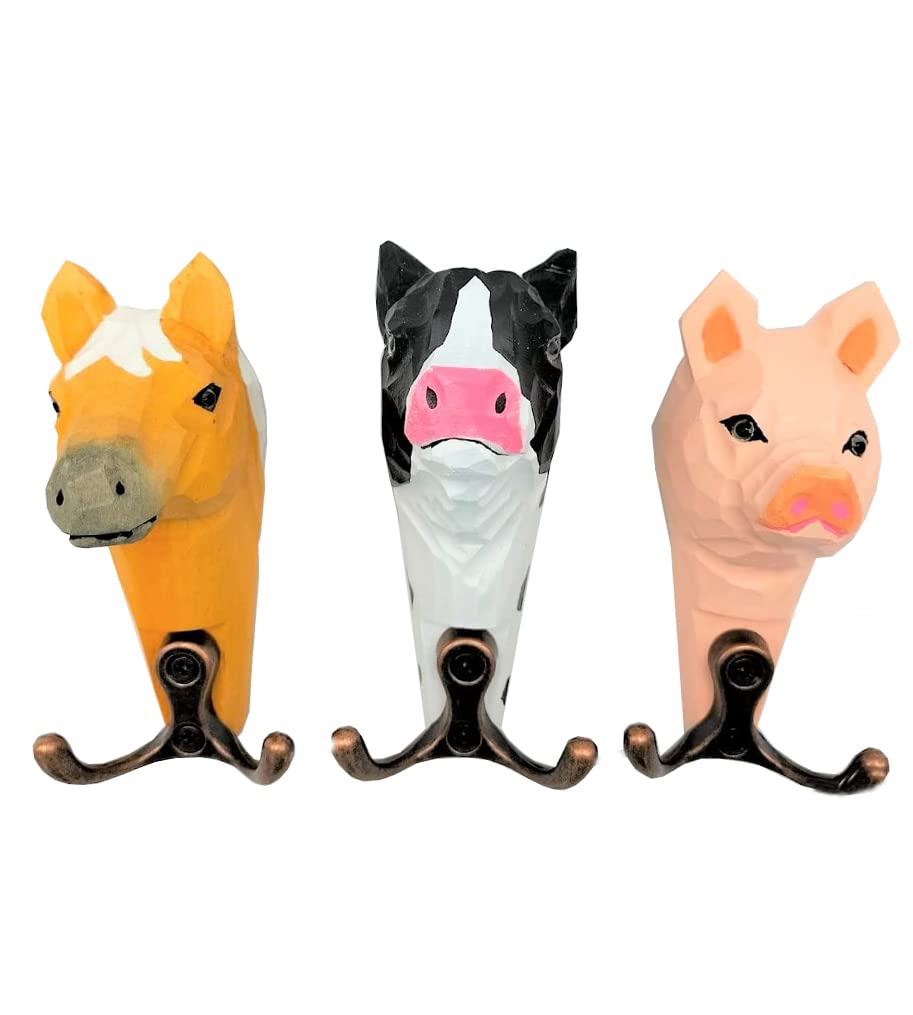 your castle Wall Hooks Farm Animal Family Animal Heads – 2-Way Wooden Coat Hooks Set of 3 Horse, Cow, Pig, 11 x 6 cm