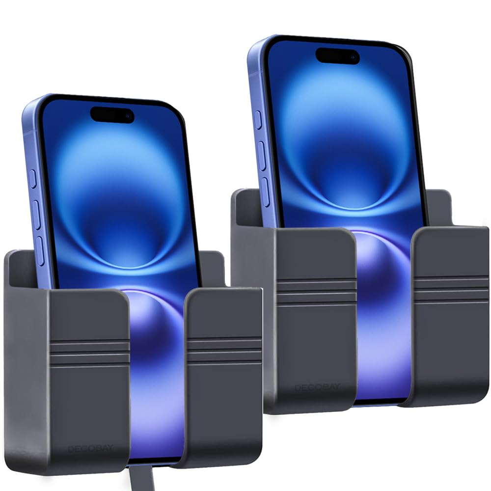 Decobay 2 Pack Wall Phone Holder, Adhesive Phone Wall Mount with Cable Hole, Bathroom Bedside Kitchen RV Phone Holder Compatible with iPhone, Android Phones and Remote Controls (Gray)