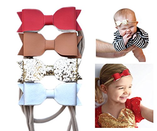 Glitter Faux Leather Bow – Stretch Headbands for Baby Toddler Girls, Set of 4