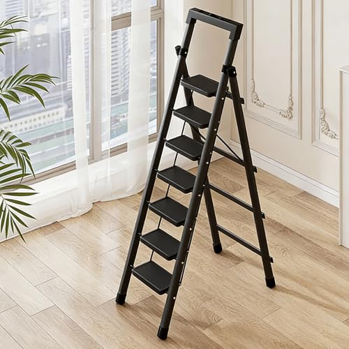 Beauenty Foldable Ladder, 7 Steps Ladder for Home, Anti-Slip Step Stool with Wider Pedal, Tools Holder, Portable Stepladder for Kitchen, Garden, Load-Bearing 150kg (Black)