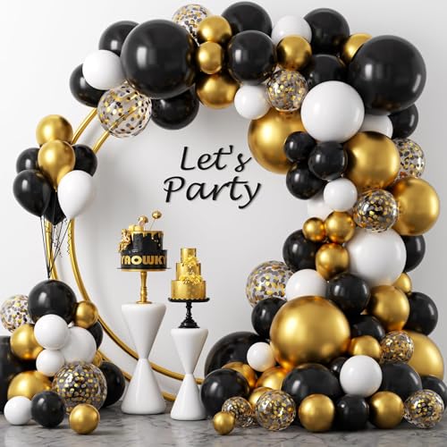 Black and Gold Balloon Arch Garland Kit, 124pcs Including Black, White, Gold, and Black Confetti Balloons, Ideal for New Year’s Eve Party, Graduation, Birthday, Wedding, Baby Shower Decorations