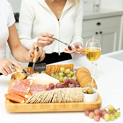 Bamboo Cheese Board and Knife Set - Wooden Charcuterie Platter & Serving Tray for Meat & Cheese with 2 Slide-Out Drawers, 6 Appetizer Forks, 6 Slate Labels, 4 Stainless Steel Knives & Bowls - (20 Pc)