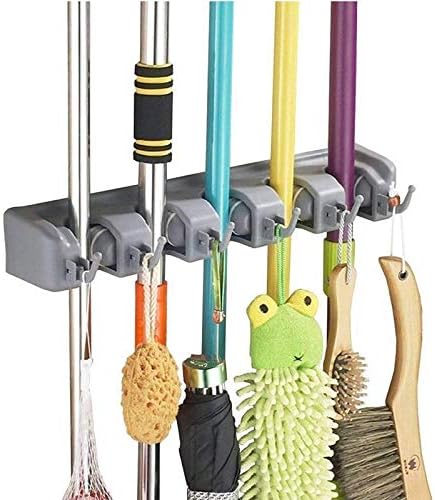 Right Products Plastic Wall Mounted 5 Position Broom Mop Holder Storage Rack with 6 Hanging Hooks