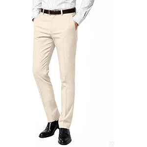 Mens Dress Suit Pants Classic Slim Fit Business Wedding Lightweight Formal | Regular Fit Elastic Waist Flat front Zip Fly But