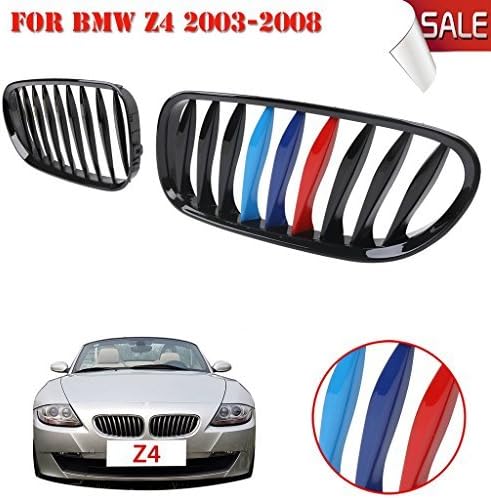 Jade Onlines 1 Pair Gloss Black + M-color Front Kidney Grille Grill For BMW E85/E86 Z4 2003-2008 Convertible &amp; Coupe
