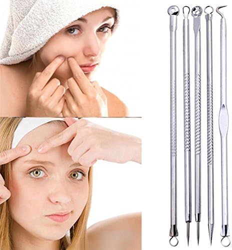 Two Years 5 PCS Acne Remover Kit,Comedone Extractor Tool Set,Blackhead Removal Tweezers Kit, Treatment for Pimple, Blemish, Whitehead Popping, Silver