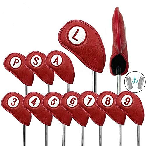 Golf Club Head Covers for Irons Magnetic Closure Value 11 pcs/Set, Double Number Printed Headcovers Deluxe Synthetic Leather Professional Thick Color Red Fit All Iron Clubs (Red)