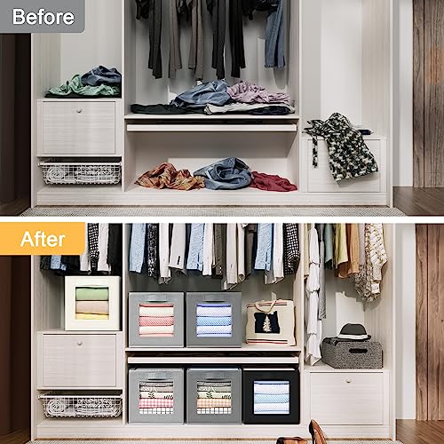 DIMJ Foldable Storage Boxes with Transparent Window Fabric Collapsible Storage Bin Basket with Handle for Wardrobe, Closet, Shelves Organiser (3 Pieces)