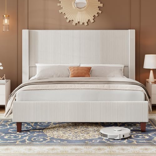 Jocisland Queen Size Upholstered Platform Bed Frame, 50.8" Corduroy Bed Frame with Wingback Headboard Vertical Tufted, Solid Wood Legs, No Box Spring Needed, Beige