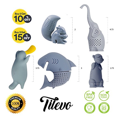 Tilevo Tea Infuser Set of 5 - The Cute Loose Leaf Silicone Tea Steeper Ball Strainer Diffuser with Gift Box - Includes Animal Monkey Platypus Elephant Squirrel and Shark