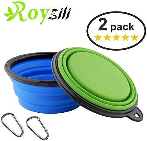 Roysili 2 Pack Small Collapsible Dog Bowl (1.5 Cups,12oz), FDA Approved BPA Free Silicone Travel Bowls and Cups for Dog Cat Food &amp; Water, Portable Collapsible Pet Bowl Free Carabiner (Blue &amp; Green)