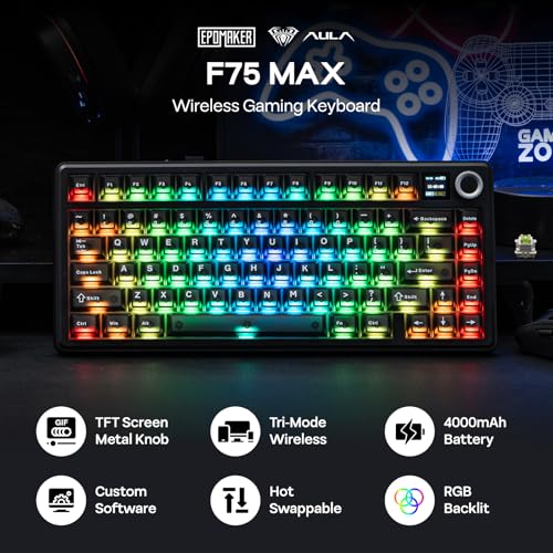 EPOMAKER X Aula F75 MAX Teclado Mecánico Inalámbrico con Pantalla TFT y Perilla, Teclado de Junta en Distribución 75%, Teclado Gaming Intercambiable en Caliente para PC/Mac/Linux (Matte Black)