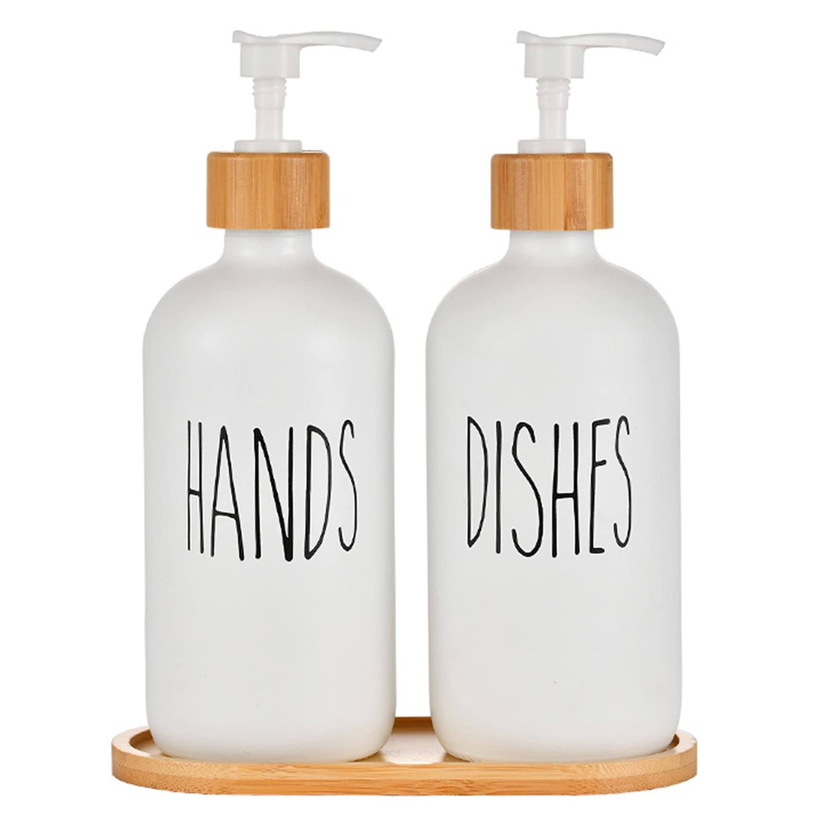 2 Pack Kitchen Soap Dispenser White Kitchen Bathroom Hands and Dishes Dispensers Set Glass Soap Dispenser with Pump Wooden Tray for Countertop Laundry Room Shampoo Lotion