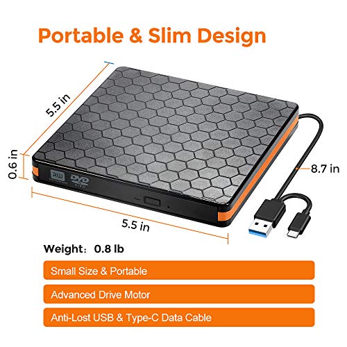 CD DVD Drive, USB 3.0 & Type-C Optical DVD Drive, External USB C VCD/DVD/CD -ROM/ -R/ +R /-RW Burner Reader Writer Player, Suitable for Laptop/Desktop/MacBook, Compatible with Windows/Linux/MAC OS - Thumbnail 5