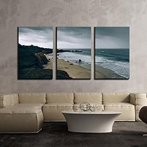 3 Piece Canvas Wall Art - Seashore in Bad Weather - Modern Home Art Stretched and Framed Ready to Hang - 16"x24"x3 Panels