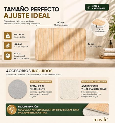 mavife Diatomite Bath Mat 60 x 39 cm – Quick Drying Anti-Moisture – Ultra Absorbent Non-Slip Bath Mat – Instant Drying for Shower and Sink – Premium Wood Effect