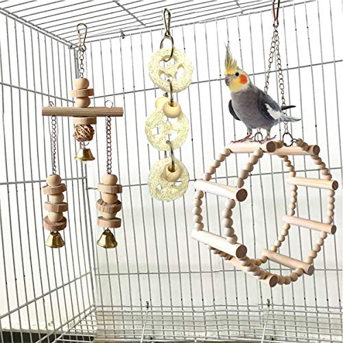 Vehomy 8 pcs Bird Parrot Toys Natural Wood Bird Swing Climbing Chewing Standing Hanging Hammock Ladder Bell Bird Cage Toys for Parrots, Parakeet, Conure, Cockatiel, Mynah, Love Birds