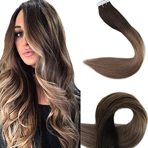 Full Shine Tape Hair Extension Double Sided Stick Tapes 12 Inch Hot Color #2 Fading To #6 And #18 Ash Blonde Glue On Hair Human Adhesive Tape For Extentions Human Hair 20Pcs 30 Gram Thick Ends