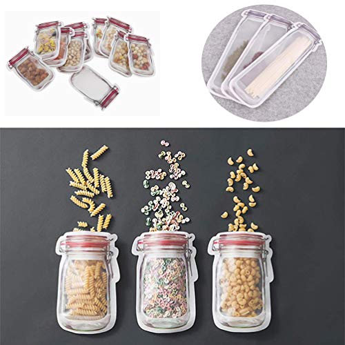 Enkrio 18 Pack Reusable Zip Lock Snack Bags, Mason Jar Zipper Food Saver Snack Sandwich Ziplock Bags Leakproof Storage Bags for Kids Travel Camping(3Small,4Medium,8Large,3Tall) - Thumbnail 7