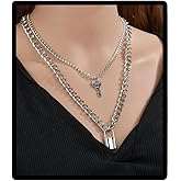 Ofeiyaa Lock Key Pendant Necklace Egirl Chains Lock Chain Necklace Statement Long Chain Punk Multilayer Choker for Women Men