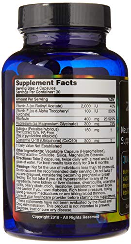 MIGRAINE RELIEF, QUAD-FORMULA WITH PA-FREE BUTTERBUR (150MG), COQ10 (300MG), MAGNESIUM GLYCINATE (300MG), HIGH-DOSE RIBOFLAVIN (400MG) – MIGRA ZERO (120 CAPS) OPTIMAL DOSING FOR MIGRAINE SUFFERERS