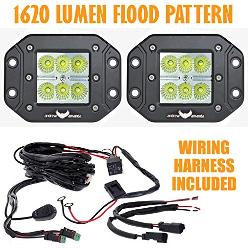 2pcs 18W Cree LED Flush mount Off Road Flood Beam Work Light - 1620 Lumen - Wiring Harness Included