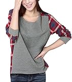 Womens Pullover Plaid Layered Splicing Faux Twinset