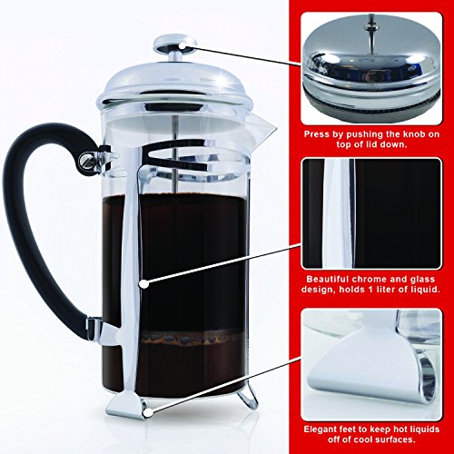 Best French Press Coffee Maker (Ultra Fine Filtration)  1 Liter (34 Ounce) Brews 4 Cups of Coffee, Extra Fine Stainless Steel Filtration, Cafetiere, Extras Included! - Thumbnail 3