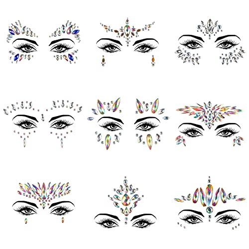 KATOOM Gioielli Adesivi Viso,9 PCS Viso Gemme Bellezza Decorazione Adesivo Scintillante Carnevale Vigilia d'Ognissanti Truccatura Festival Musicale Performance sul Palco