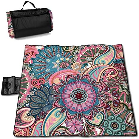 LBSYT Picnic Blanket Indian Batik Style Floral Waterproof Beach Blanket Sand-Proof Folding Portable Tote Picnic Mat Camping Blanket 59"x57"