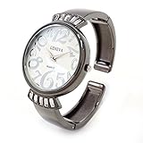 Gun Black Crystal Metal Band Large Face Women's Bangle Cuff Watch