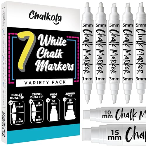Chalkola 7 White Chalk Markers - Bullet & Chisel Dual Tip (1mm, 3mm, 5mm, 10mm, 15mm) | Erasable Liquid Chalk Pens for Blackboard, Car Window, Bistro, Glass | Washable Chalkboard Markers