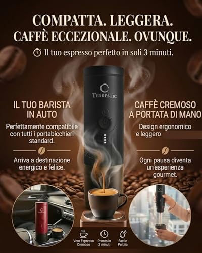 Terrestic Portable Coffee Machine, 80 ml, Portable Coffee Maker, USB Rechargeable Travel Coffee Machine, Compatible with Nespresso Powder and Capsules with Hard Case