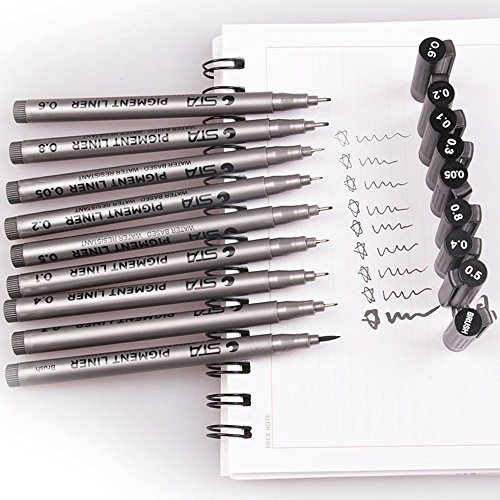 Drawing Sketching Pencils Set Micro-Line Inking Pens Anti-Bleed Ultra Fine Tip Pens 9Pcs Set for Artist Illustration/Technical Drawing/Office Documents (Silver)