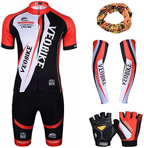 Veobike Men's Short Sleeves Cycling Jersey with Bib Shorts - Bike Clothing Suits/Quick Dry/Breathable/Sweat-wicking(Tops + Shorts + Sleeve + Gloves + Collar)