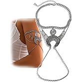 Rannyrena Bohemian Retro Silver Leaf Moon Upper Arm Cuff Punk Long Chain Tassel Armlet Bangle Bracelet Layered Open Cuff Armband for Women