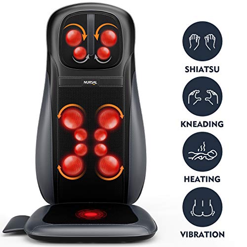 NURSAL Back and Neck Massager Shiatsu Massage Seat Cushion with Heat Function, Deep Kneading Self-Massager with Vibrations - Office, Home & Car