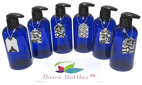 BLUE PLASTIC LOTION PUMP BOTTLES - 8 OZ REFILLABLE Black LOTION Pumps - 6 Pack, BONUS 6 Damask Gift Tags - PET, Lightweight, BPA Free - ORGANIZE Soap, Shampoo, Lotion with a Clean, Clear Look